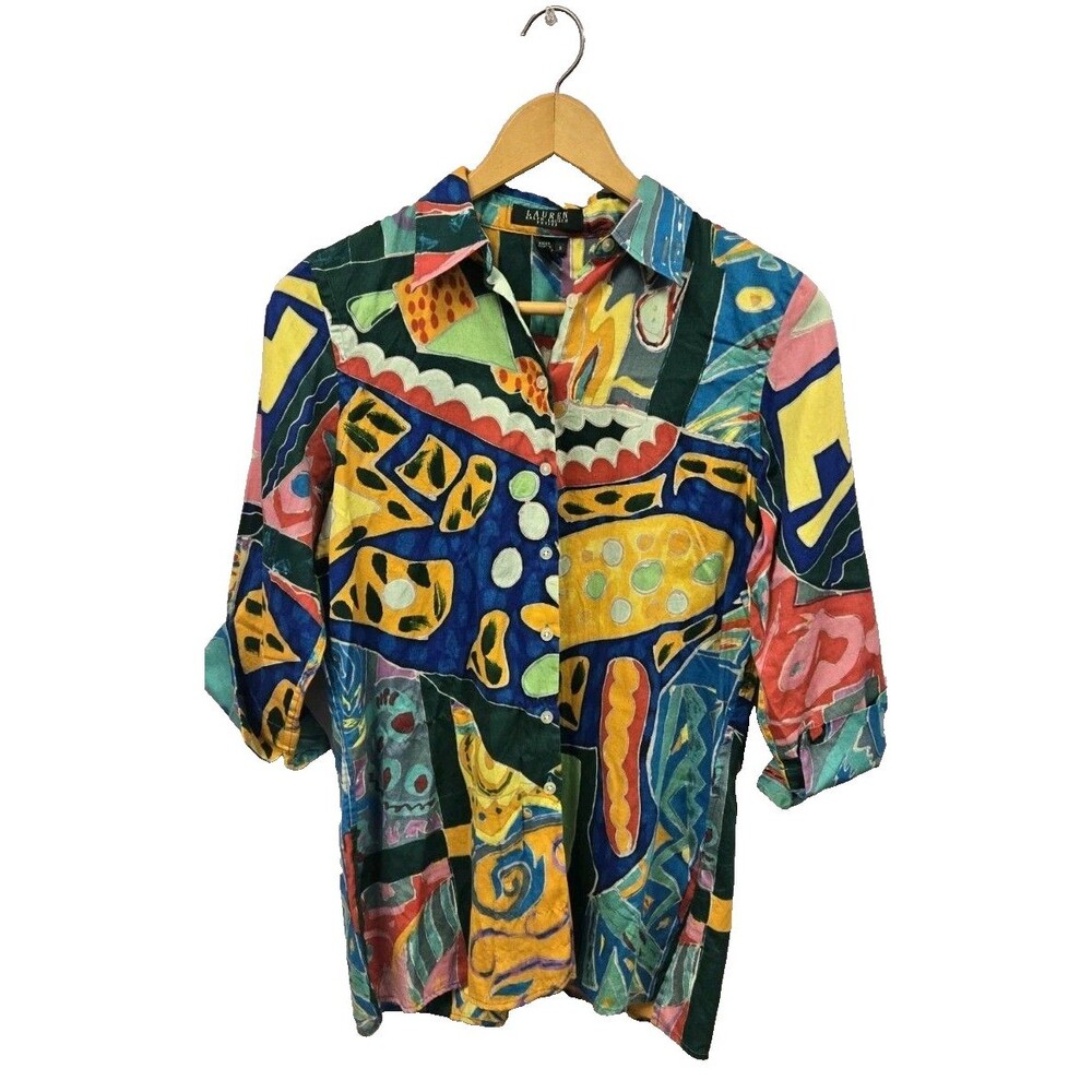 Vtg Lauren Ralph Lauren 80s 90s Abstract Art Blouse Small Petite Button Up